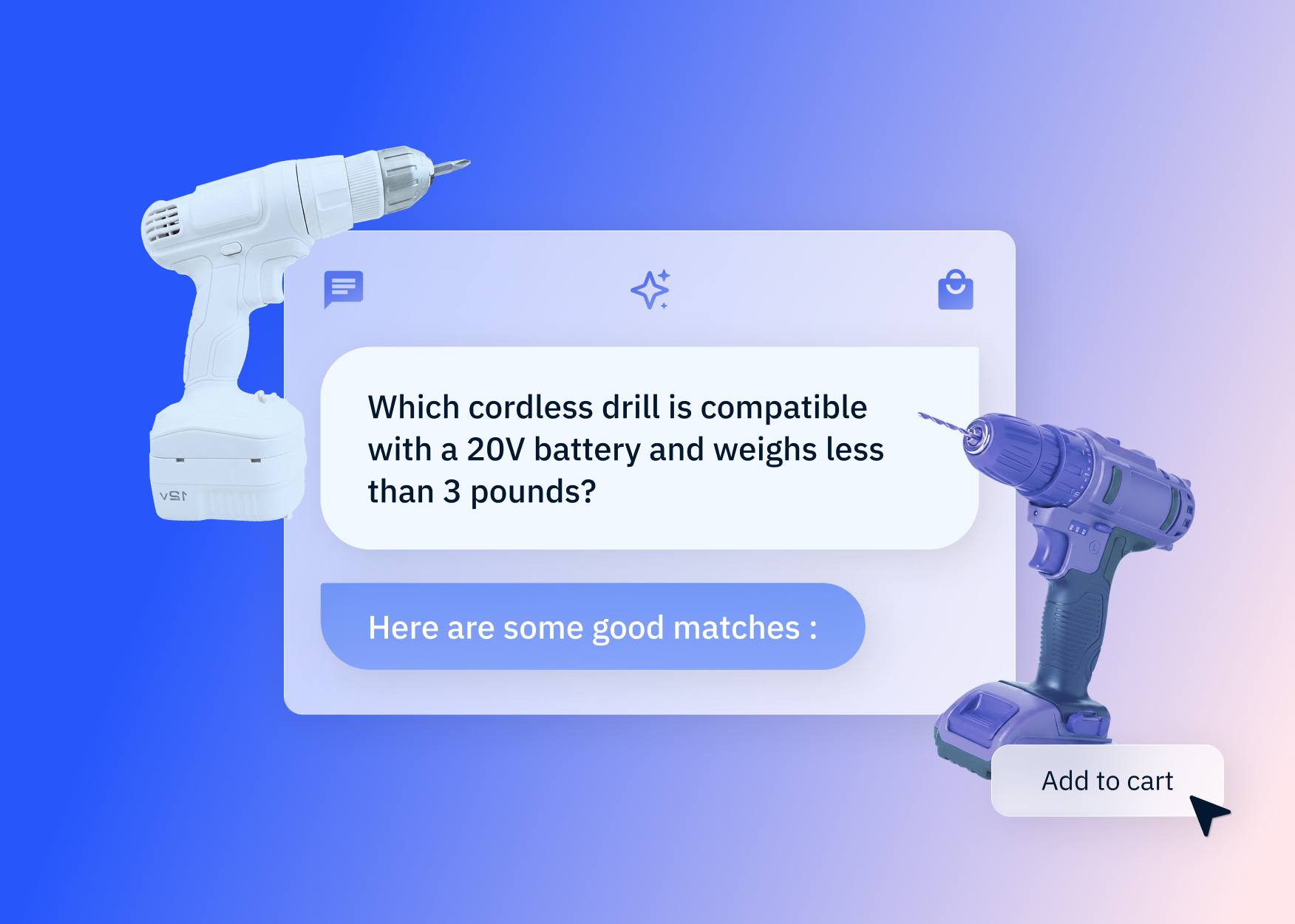 A conceptual illustration of a conversational eCommerce interface featuring an AI chat bubble asking for a 20V cordless drill under 3 pounds. The interface is flanked by 3D renders of a white and purple drill, with a "Here are some good matches" response and an "Add to cart" button, representing generative search in online shopping.