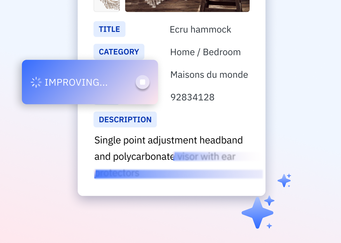 A close-up of a product management UI for an "Ecru hammock." An animated, glowing blue button on the left with the text "IMPROVING..." signifies that an AI-powered feature is actively rewriting or enhancing the text in the "DESCRIPTION" field.
