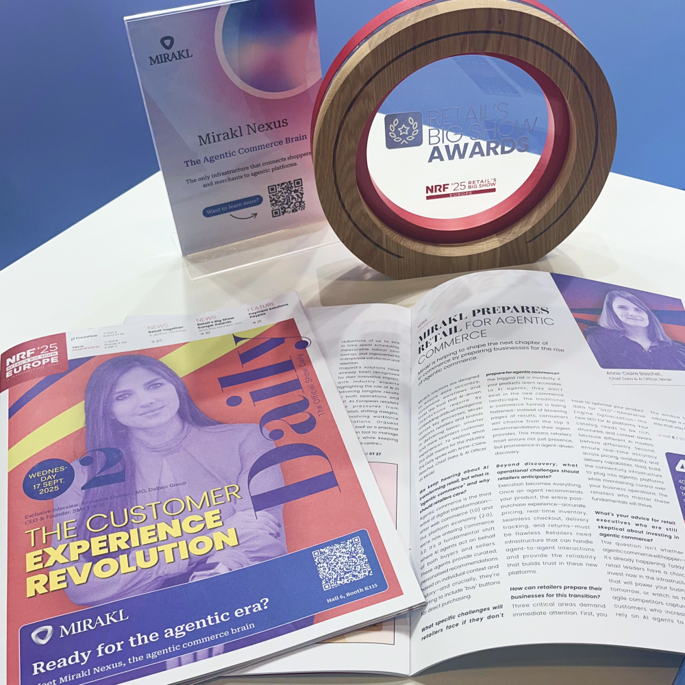 A tabletop display featuring a circular award, a vertical Mirakl Nexus pamphlet, and an open magazine with a headline "MIRAKL PREPARES FOR THE AGENTIC COMMERCE ERA" and a cover story titled "THE CUSTOMER EXPERIENCE REVOLUTION."