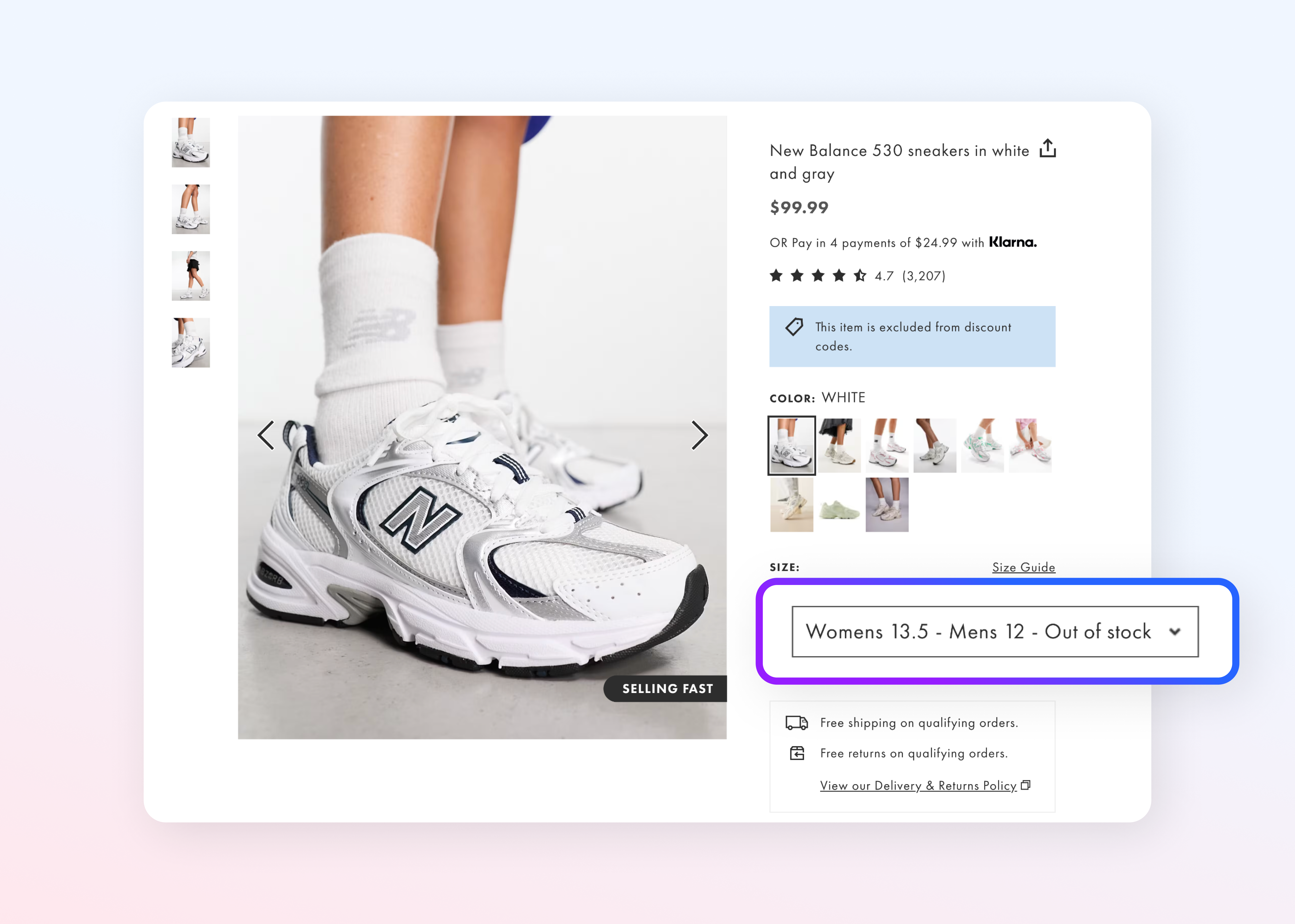 A screenshot of the ASOS product page for "New Balance 530 sneakers in white and gray." The size selection dropdown menu is highlighted, displaying "Womens 13.5 - Mens 12 - Out of stock."