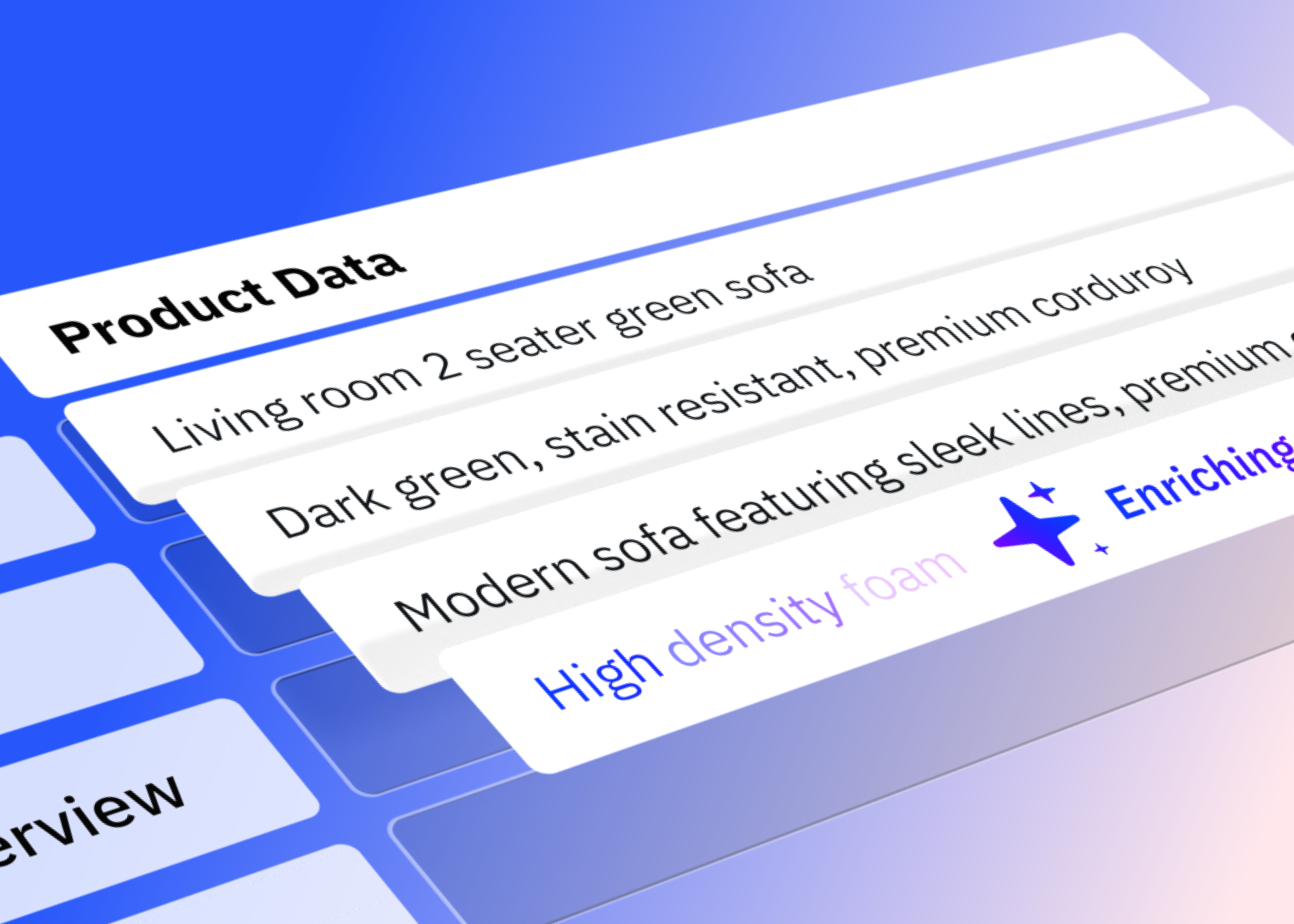 An illustration of e-commerce data enrichment where a basic "Product Data" entry for a sofa is expanded with specific attributes like "stain resistant" and "High density foam," marked by an "Enriching" animation.