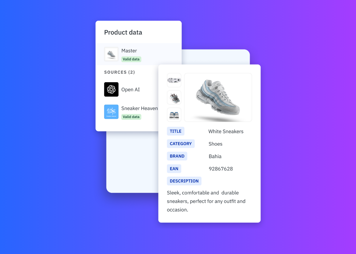 Mirakl's product data management interface demonstrating how marketplace platforms aggregate and standardize product information from multiple sources into a master catalog. The example shows enriched product data for white Bahia sneakers, including title, category, brand, EAN, and description—the type of structured, high-quality data that AI shopping agents require for accurate product recommendations in agentic commerce.