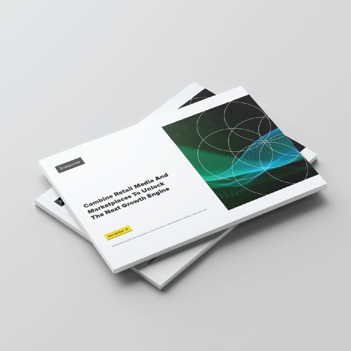 Three white booklets stacked at a slight angle on a light gray surface. The top booklet features the Forrester logo in the upper left corner and the text "Combine Retail Media And Marketplaces To Unlock The Next Growth Engine" in the center. A "Get started" button is visible in the lower left. The booklet also shows a graphic of overlapping circles and lines in shades of green and blue.