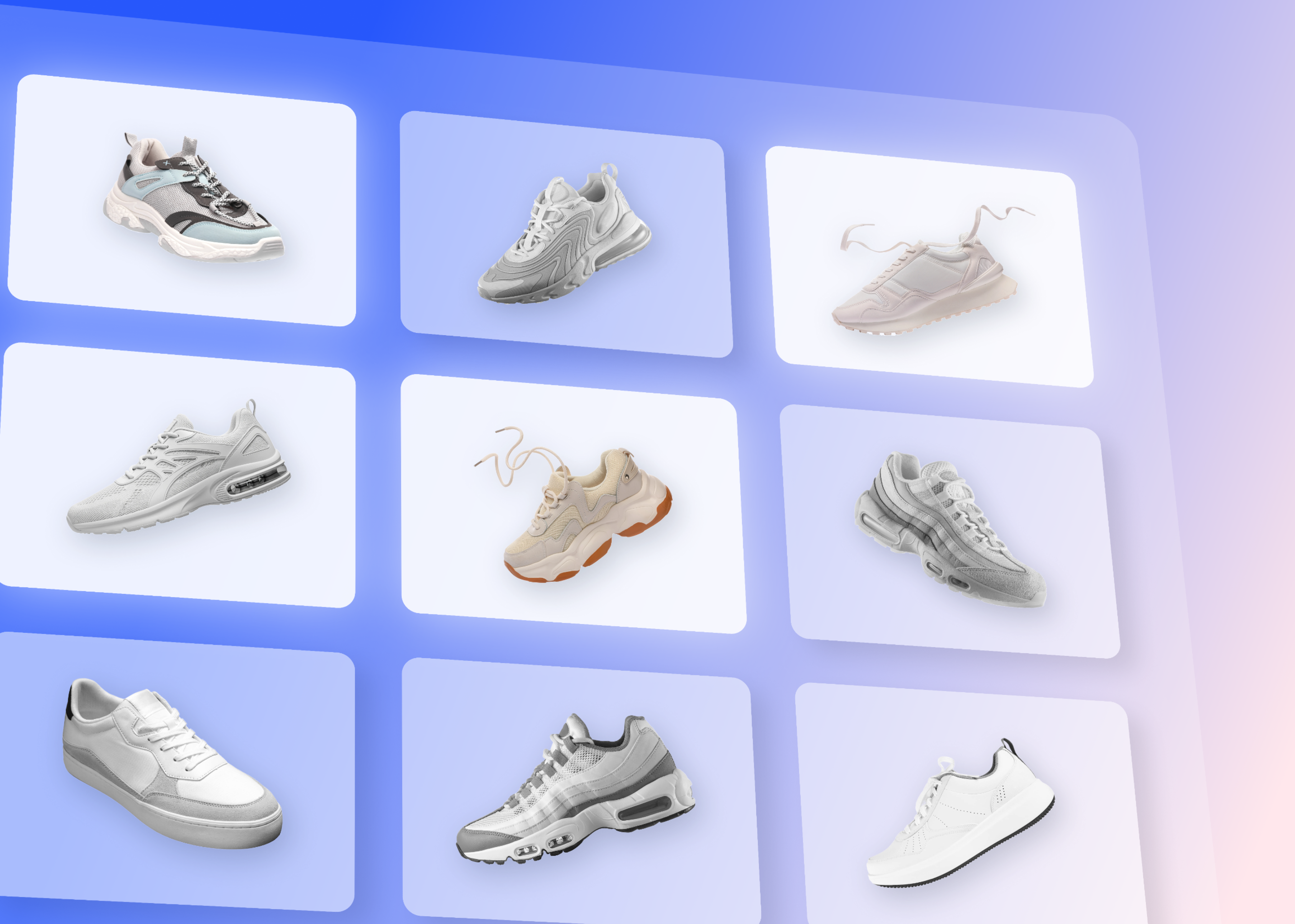 A grid displaying nine different styles of modern athletic sneakers, mostly in white, gray, and light neutral colors.