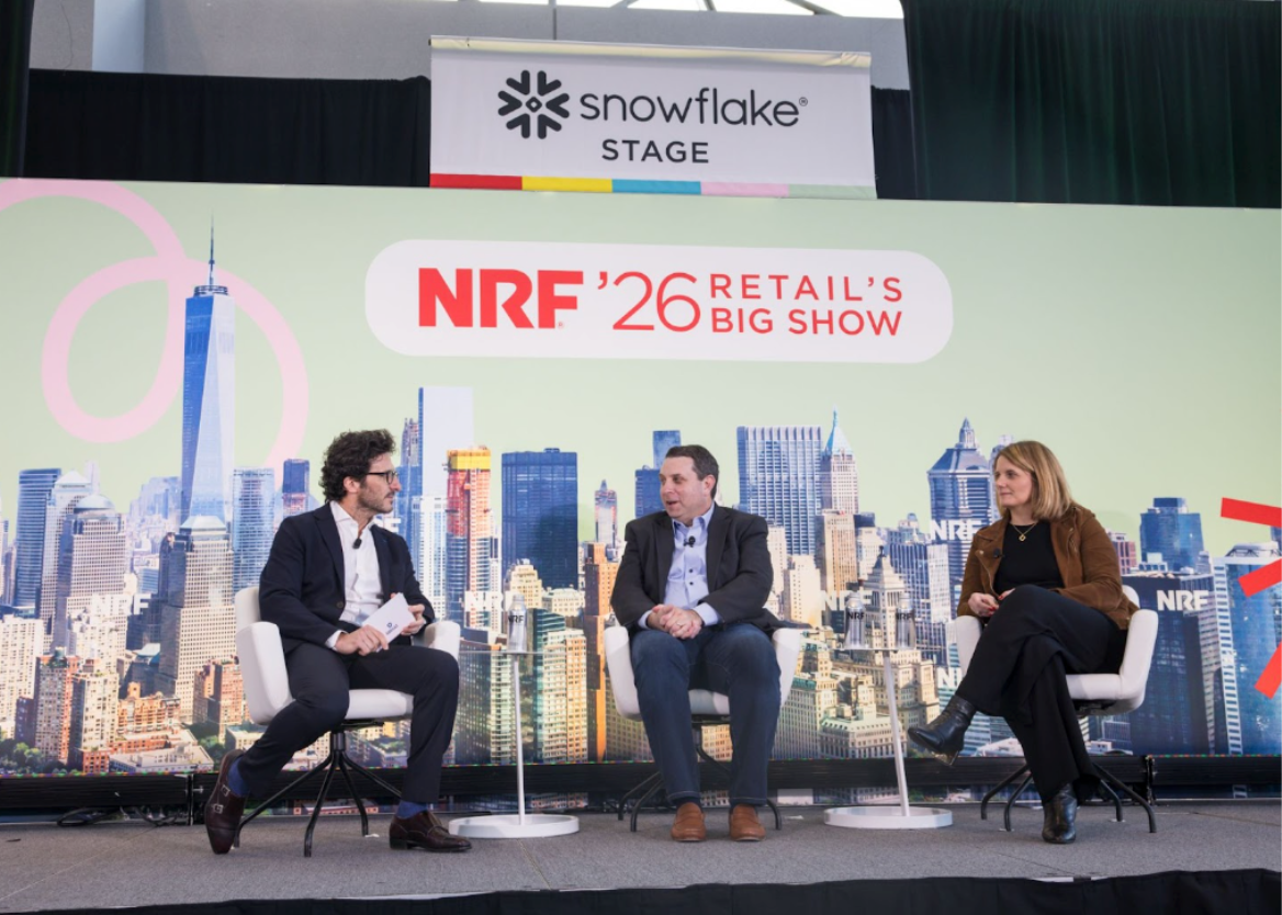 Ulta Beauty SVP Josh Friedman, Mirakl CEO Adrien Nussenbaum, and Mirakl Chief Data and AI Officer Anne-Claire Baschet speaking at NRF 2026 about agentic commerce and marketplace strategy. 