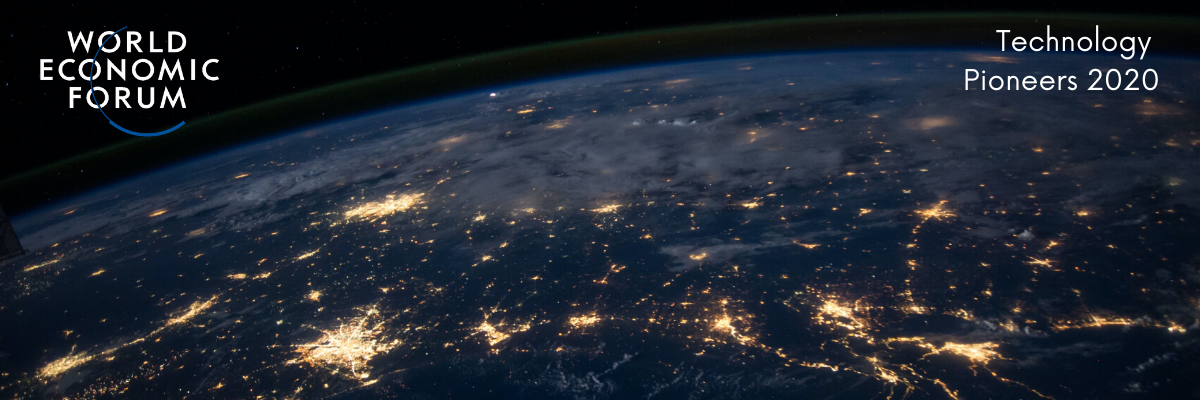 A banner image showing a view of Earth from space at night, with city lights glowing across the continents. The World Economic Forum logo is in the top left corner, and the text "Technology Pioneers 2020" is in the top right.