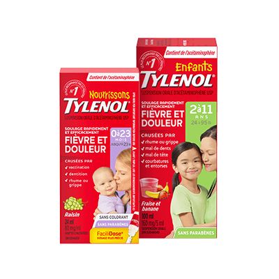 Deux contenants de produits TYLENOL® contre la fièvre et la douleur, pour enfants et nourrissons