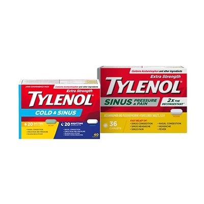 Two packets of TYLENOL® Cold and Sinus day and night caplets, 40 count and TYLENOL® Sinus Pressure and Pain Caplets, 36 counts