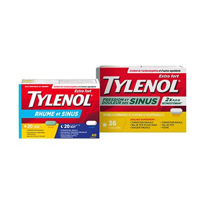Boîte de 40 caplets TYLENOL® Rhume et sinus Jour et Nuit et boîte de 36 caplets TYLENOL® Pression et douleur des sinus