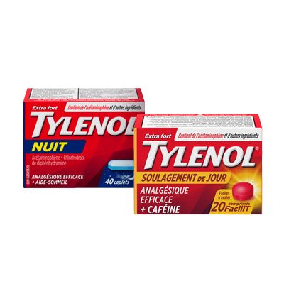 Deux boîtes de 40 caplets de TYLENOL® Extra fort Nuit et de TYLENOL® Courbatures Nuit