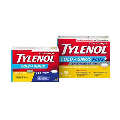 Two packets of TYLENOL® Cold and Sinus day and night caplets, 40 count and TYLENOL® Sinus Pressure and Pain Caplets, 36 counts