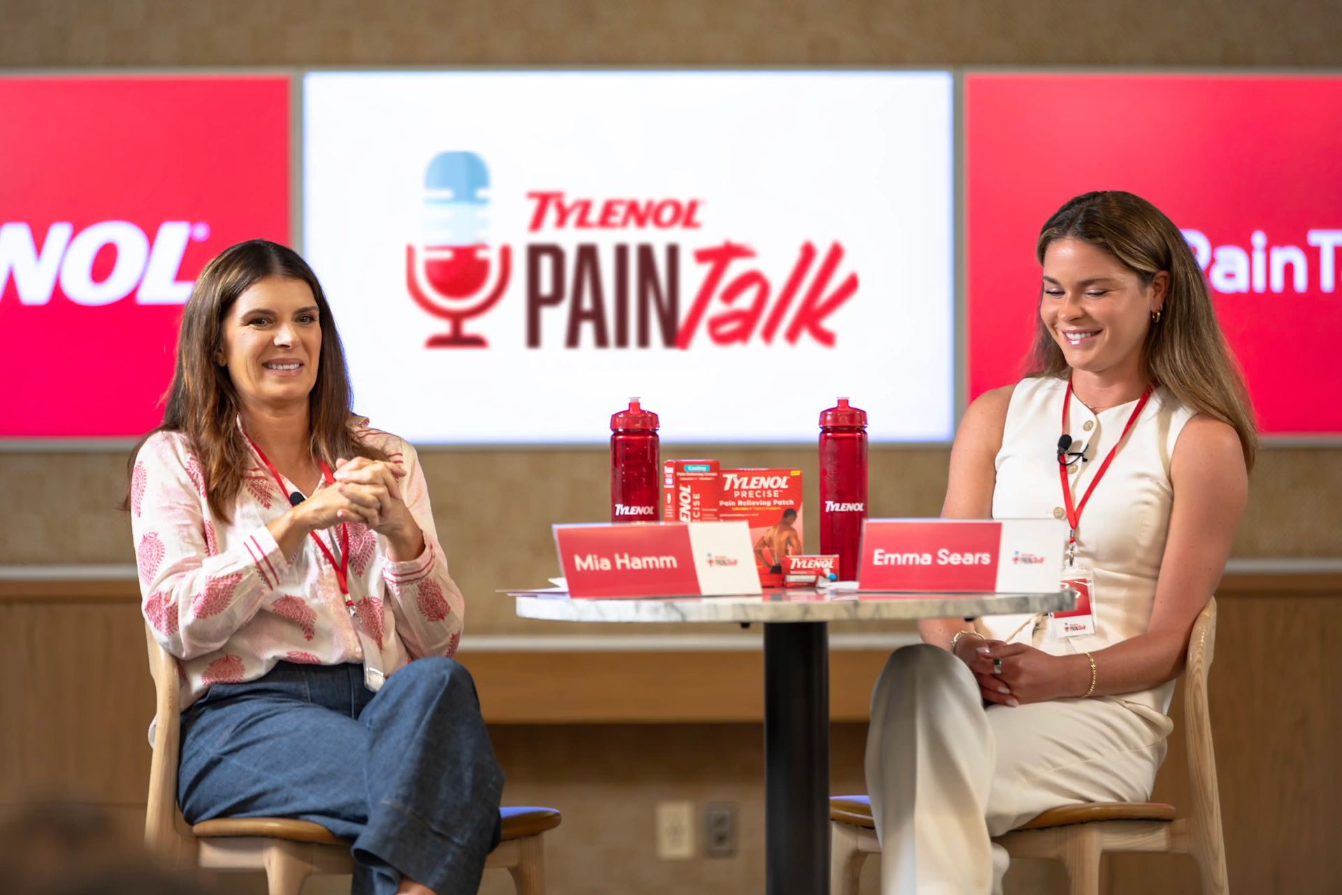 Soccer legend Mia Hamm (left) and active NWSL and U.S. international player Emma Sears (right) participate in the launch of TYLENOL® PainTalk.