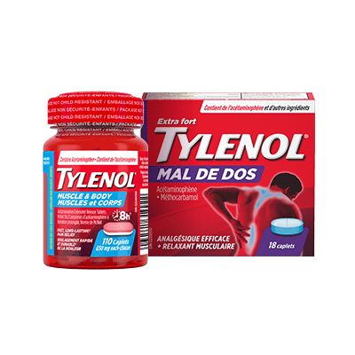Flacon de 110 caplets TYLENOL® Muscles et corps, et boîte de 18 caplets TYLENOL® Mal de dos