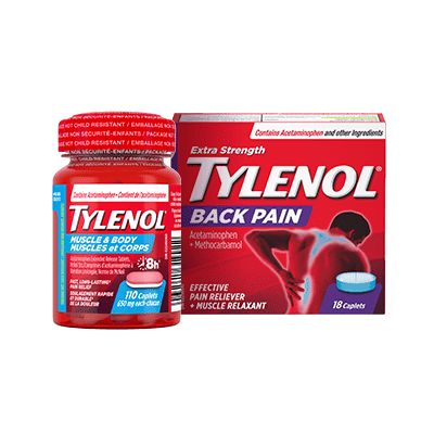 A bottle of TYLENOL® Muscle and Body caplets, 110 count and a packet of TYLENOL® Back Pain Caplets, 18 count