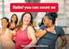 Two women dancing happily with a text banner of “Relief you can count on”