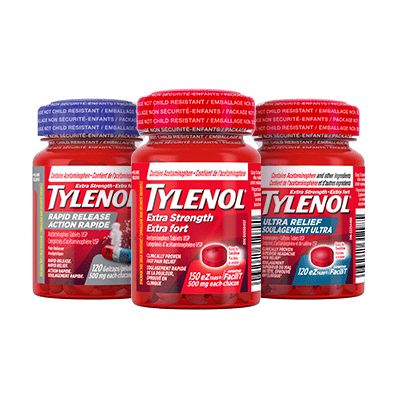 Trois flacons de produits TYLENOL® : Action rapide, Extra fort et Soulagement ultra