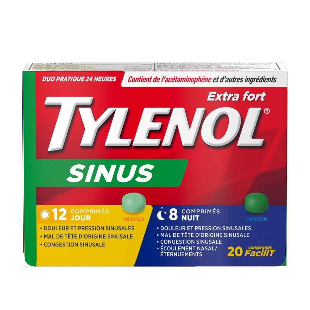 Une boîte de comprimés FaciliT TYLENOL® Extra fort Sinus Duo Jour/Nuit, 12 comprimés Jour et 8 comprimés Nuit
