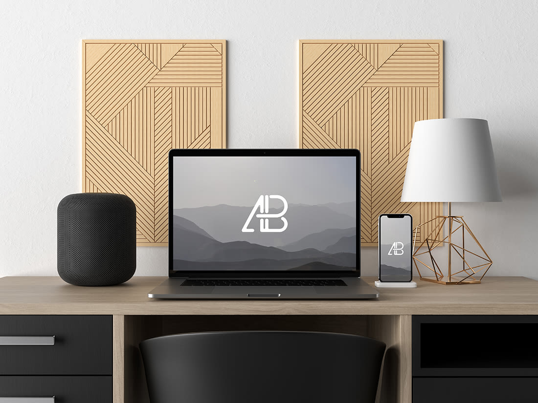 Modern Macbook Pro and iPhone X on Desk Mockup by Anthony Boyd Graphics