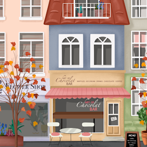 Cafe show ooutside view illustration with seating outside and an autumn tree