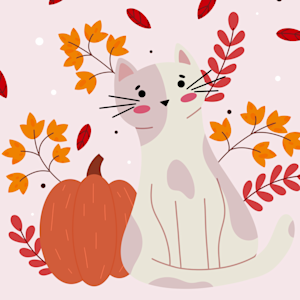 Cat illustration sat next to a pumpkin with leaves and plants