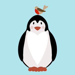 Penguin illustration with a small robin on his head