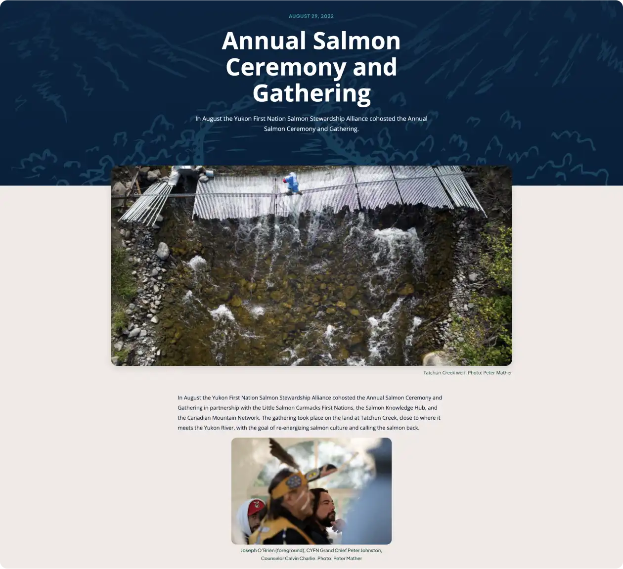 Sample screenshot of Yukon First Nation Salmon Stewardship Alliance website news post.