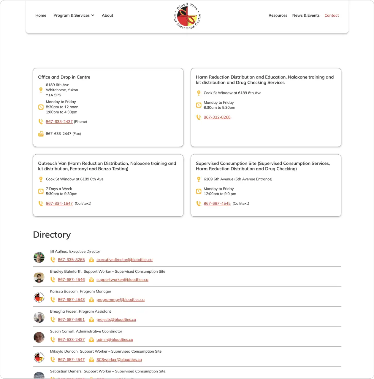 Sample screenshot of Blood Ties Four Directions website contact page..