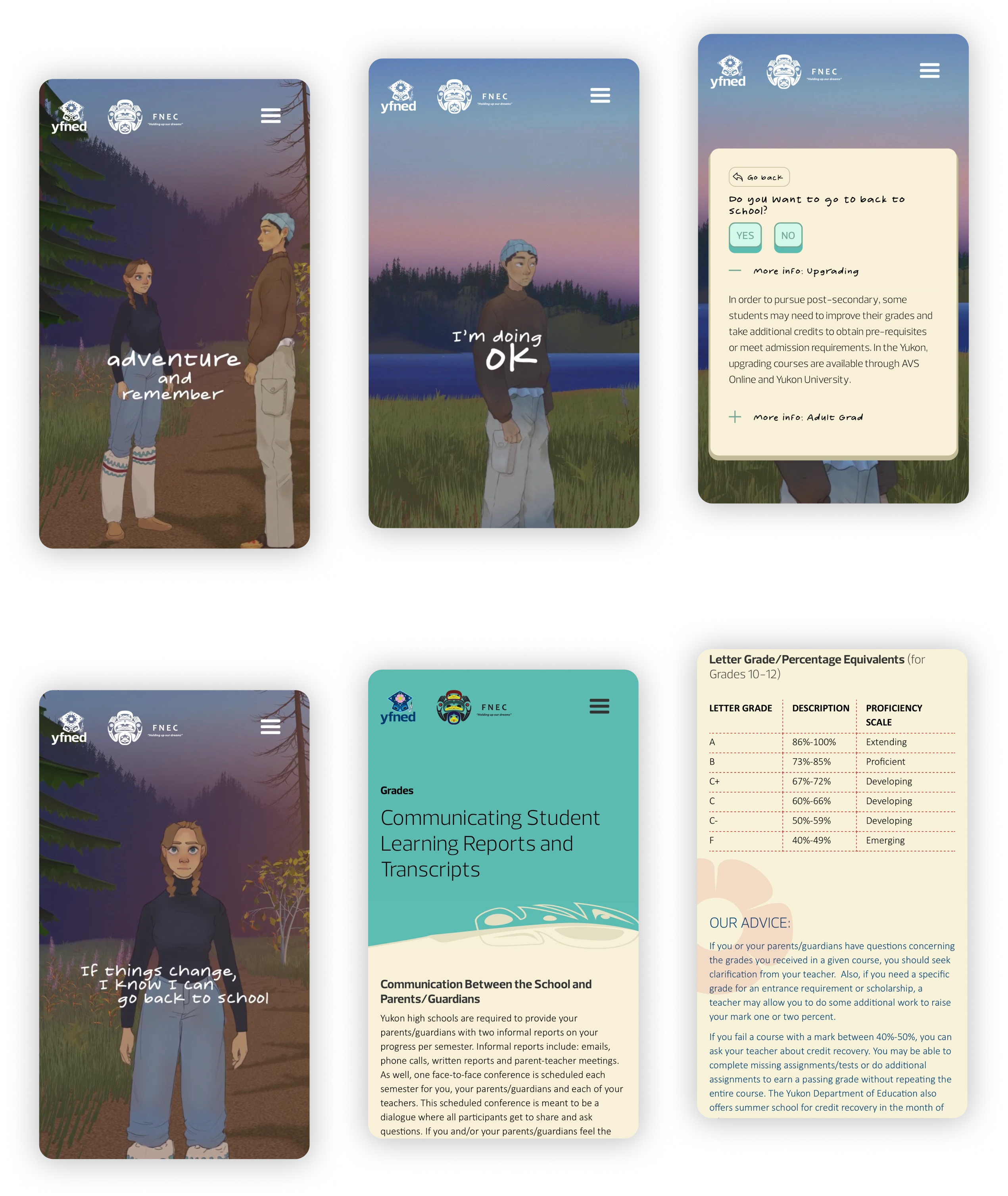 Composite image showing multiple mobile screens from the Grad Planner app, including illustrated storytelling scenes, reflective text prompts, and informational panels that support students navigating secondary school pathways.