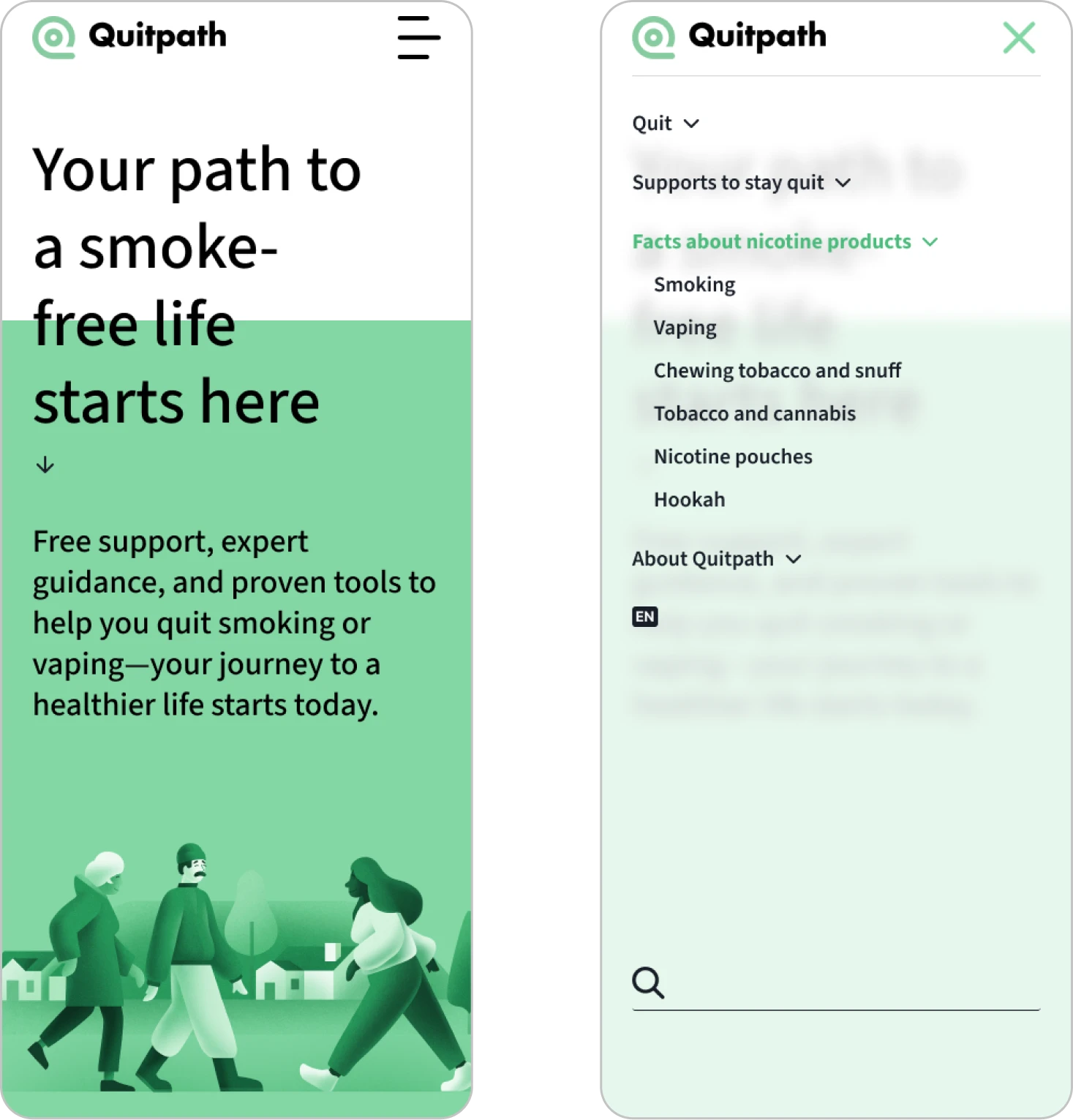 Mobile view of the Quitpath website showing the homepage message and expandable navigation menu for quitting resources.