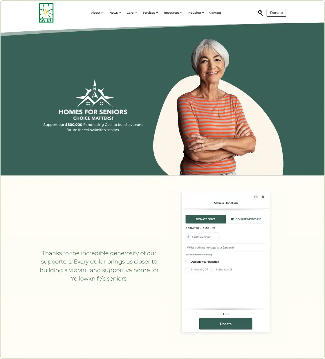 Sample screenshot of Avens donation campaign page.