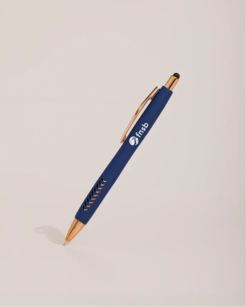 Dark blue FNSB branded pen with gold accents, angled on a light background.