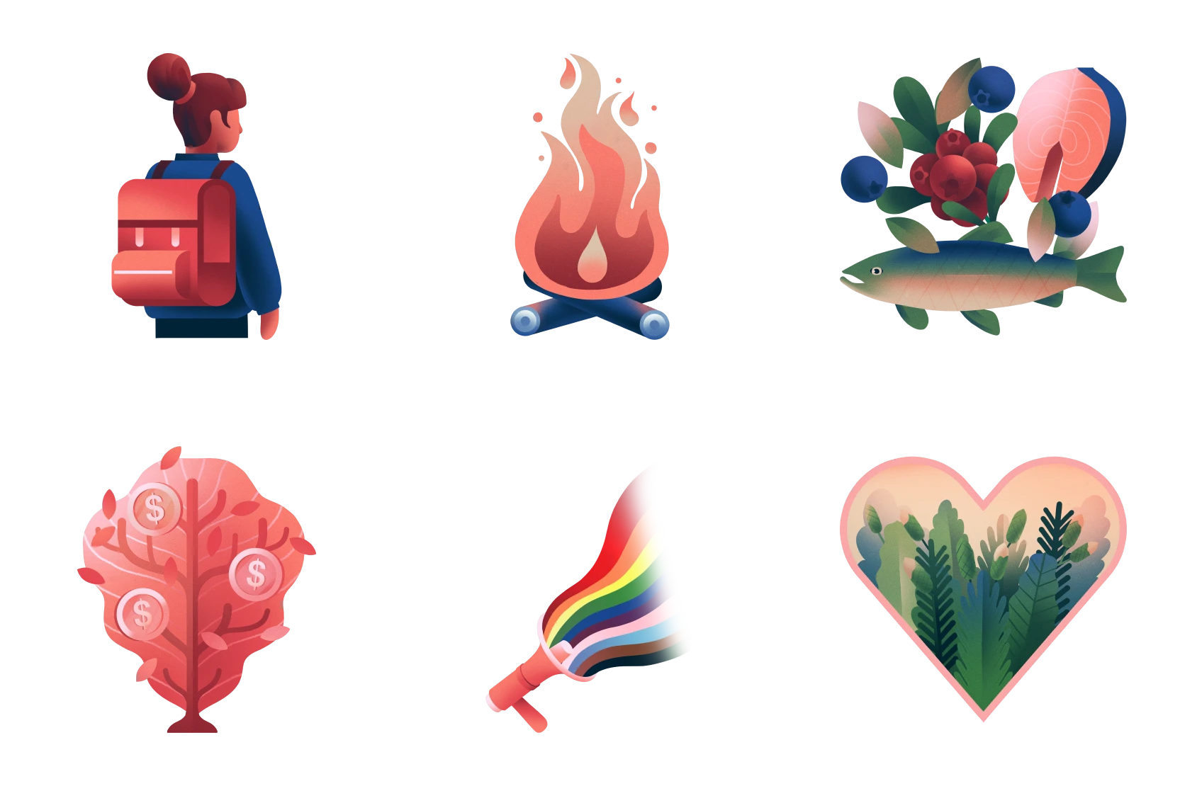 Illustrated icons representing IWIC Virtual Resource Centre categories, including youth, cultural fire, traditional foods, financial wellbeing, 2SLGBTQIA+ pride, and holistic wellness.