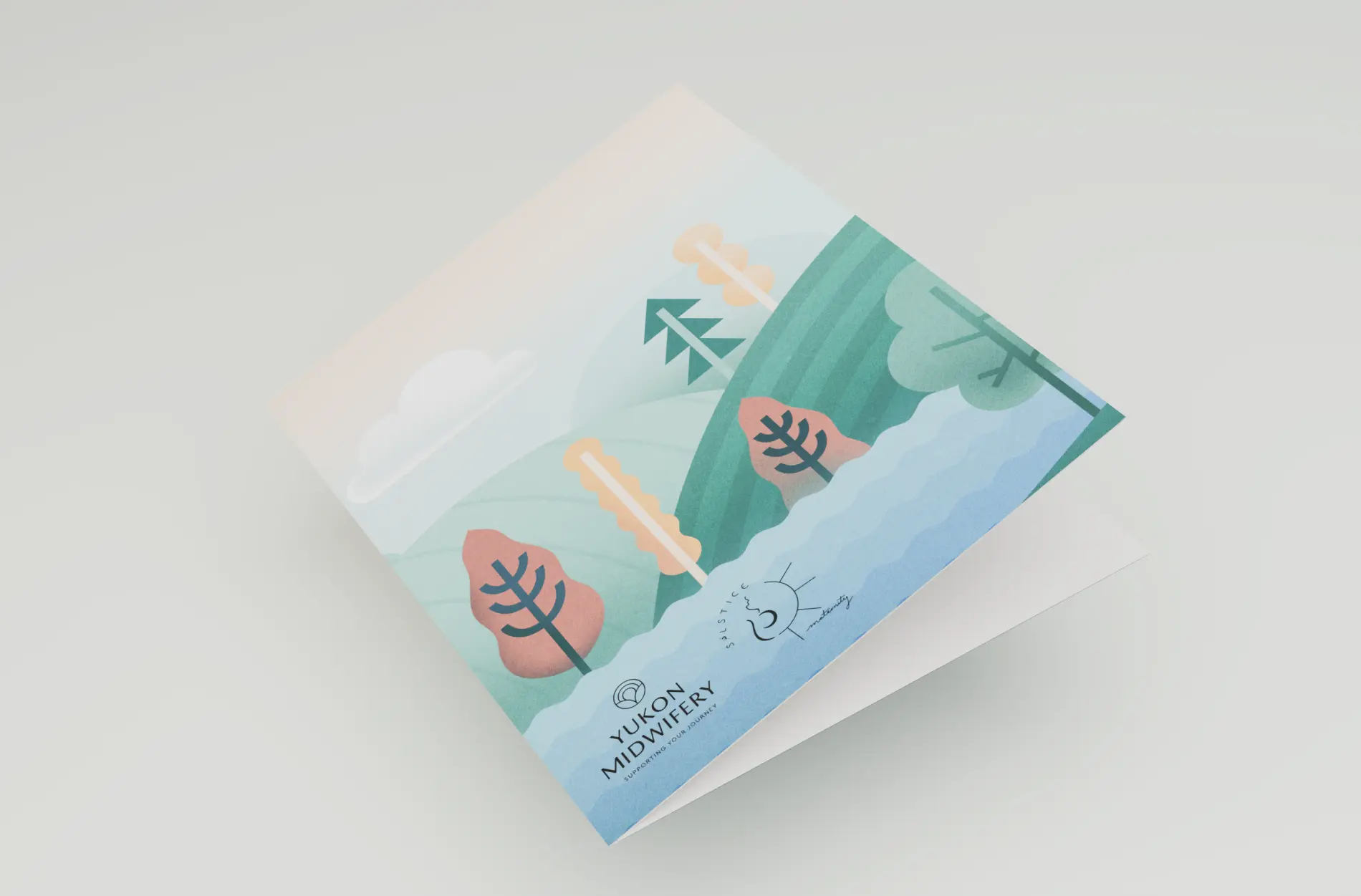 Presentation folder with an illustrated cover depicting a landscape of hills, trees, and clouds.