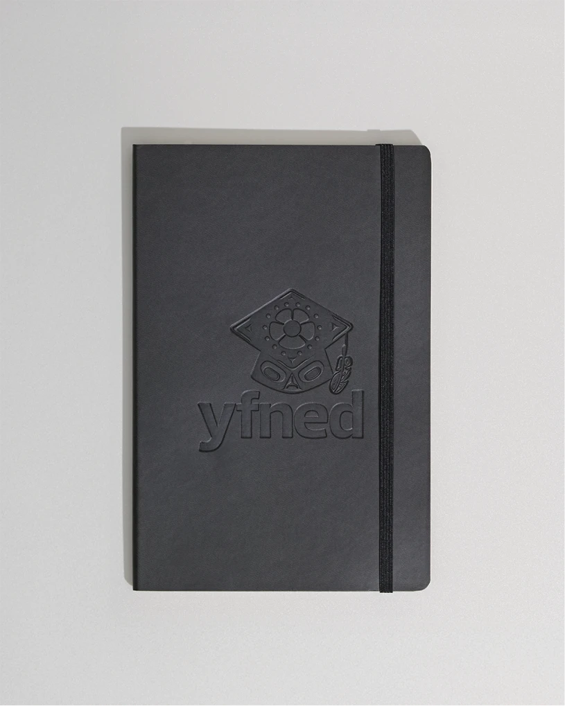 Multiple matte black YFNED pens laid diagonally on a bright blue background.