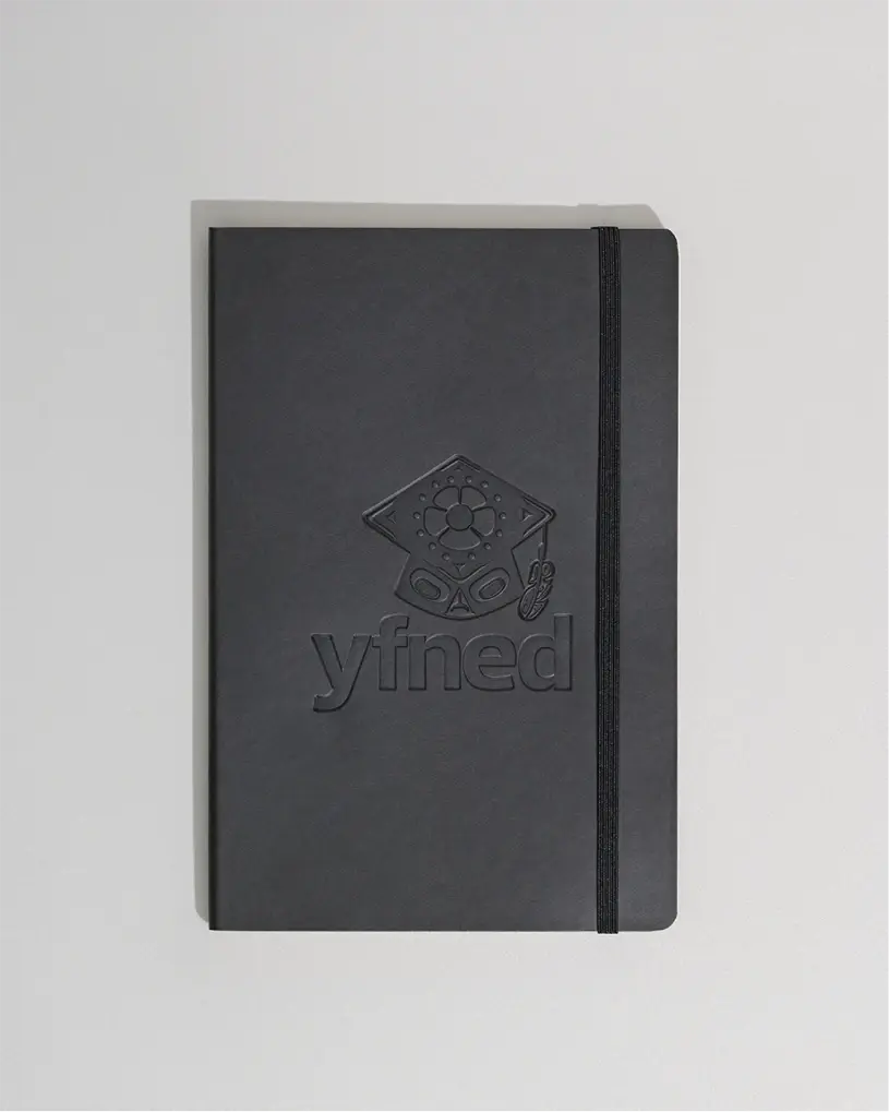 Multiple matte black YFNED pens laid diagonally on a bright blue background.