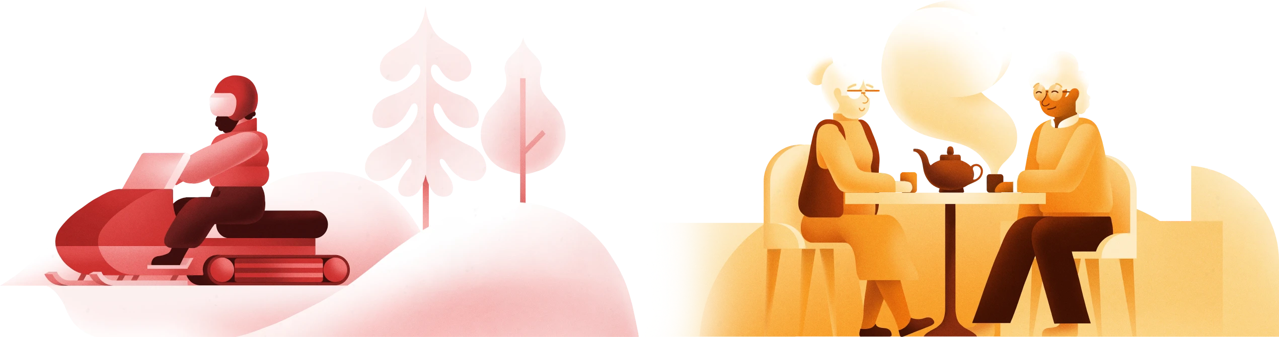 Illustration showing Yukon lifestyle activities including snowmobiling, social connection over tea, ice hockey, and fishing to represent everyday life in the Yukon.