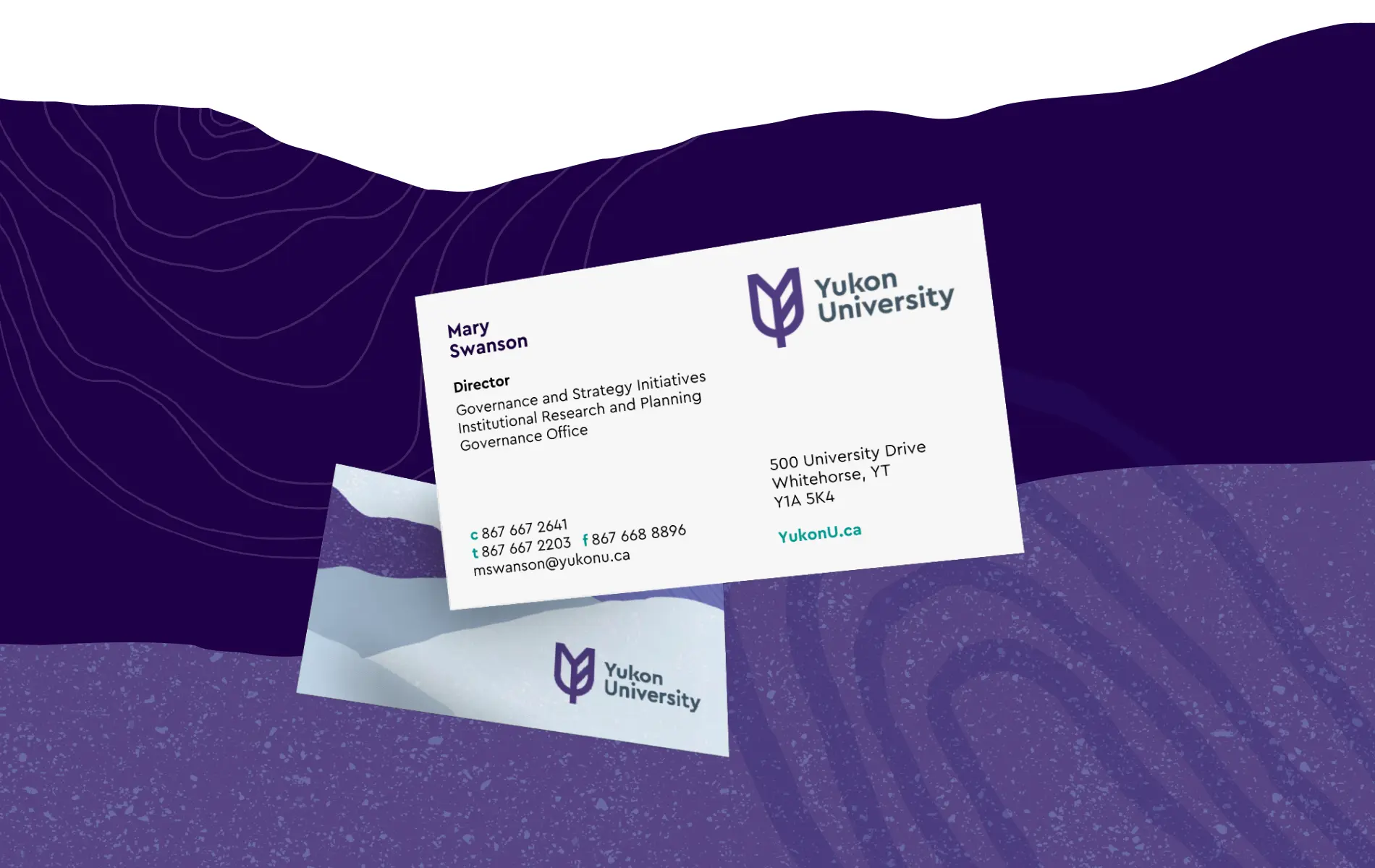 Yukon University collateral design with modern branding elements on a teal and white background