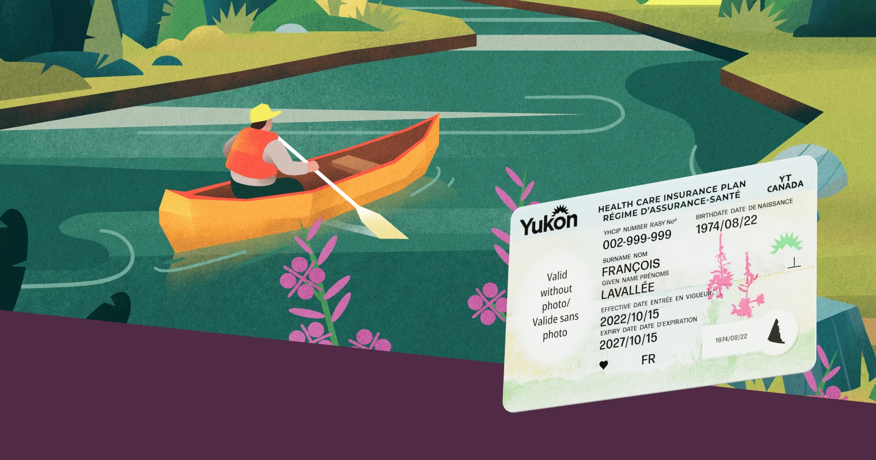 Close-up campaign image showing a Yukon health care card over a stylized river and mountain illustration from the Yukon Health Care Card update campaign.