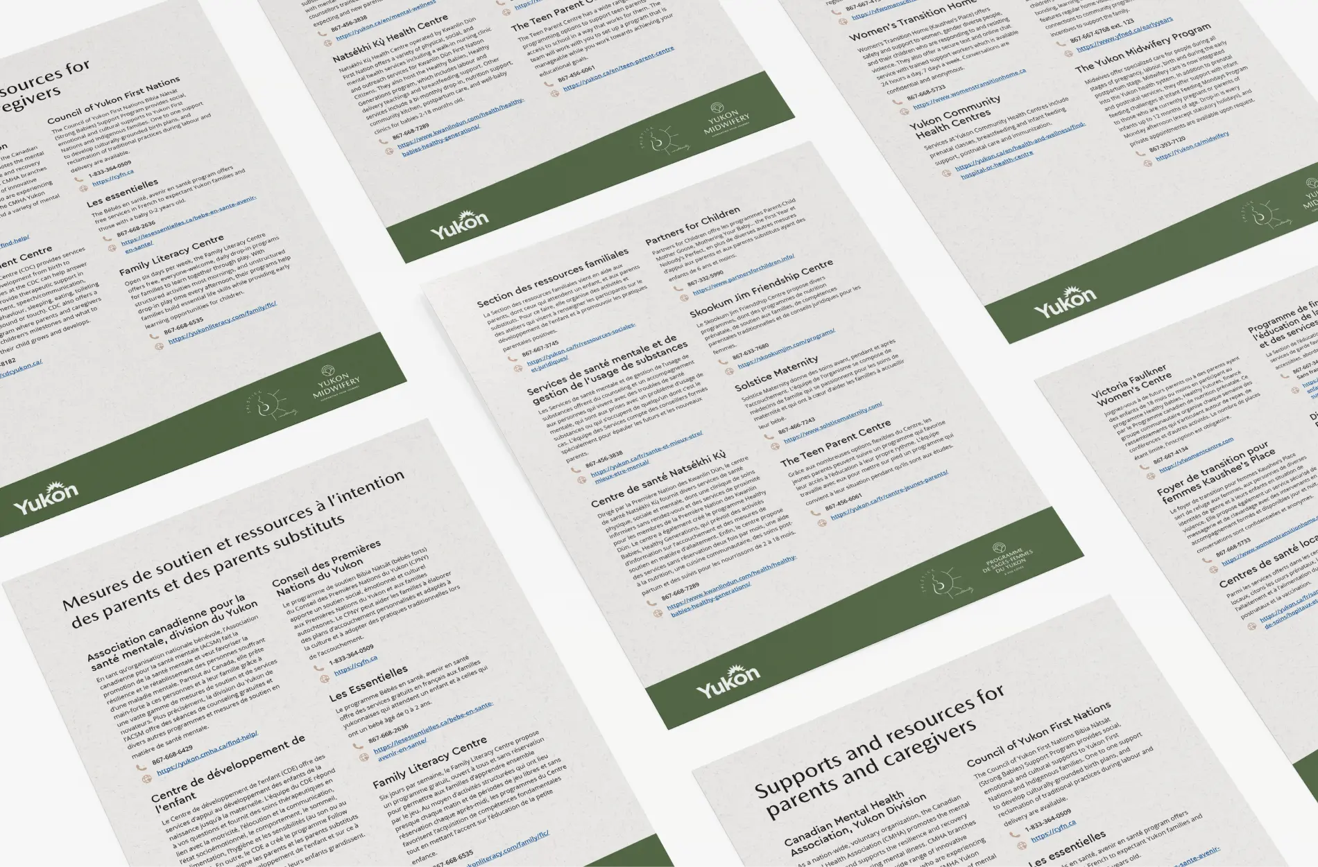 Printed informational sheets in English and French with resources and support information for parents and caregivers.