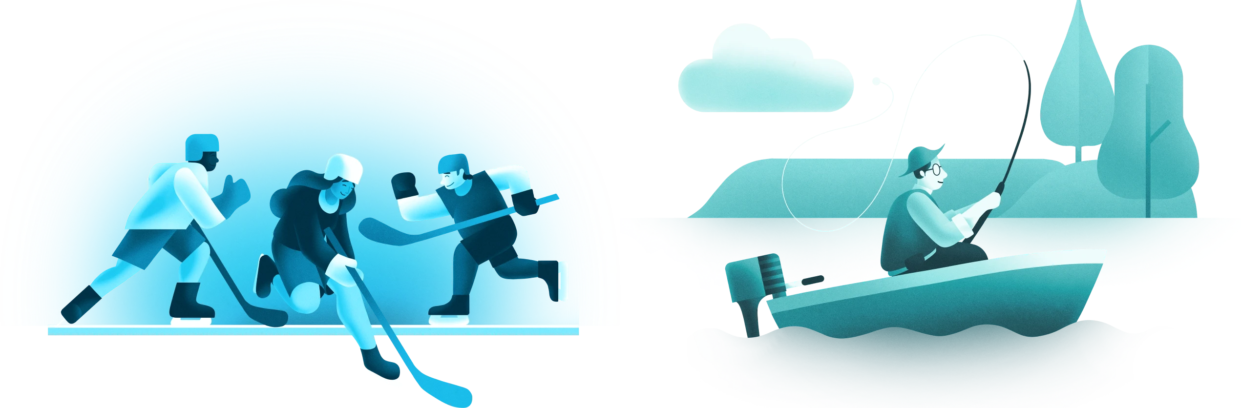 Illustration set depicting physical activity, outdoor recreation, and moments of calm to represent healthy lifestyle choices and wellbeing.