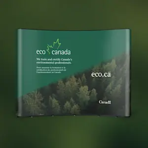 Eco Canada trade show booth with a green and blue color scheme, featuring environmental and sustainability-focused design elements