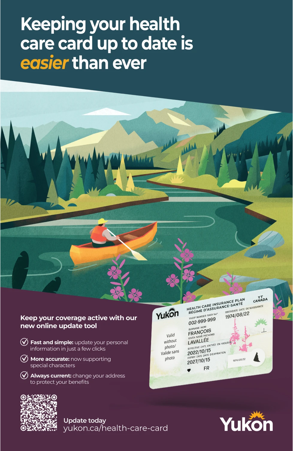 English poster for the Yukon Health Care Card campaign, featuring a canoe on a Yukon river landscape, health care card imagery, QR code, and messaging about updating personal information online.