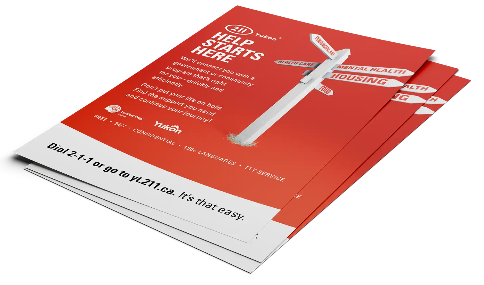 United Way Yukon 2-1-1 posters with the message ‘Help Starts Here,’ featuring a signpost for financial aid, health care, mental health, housing, and food.