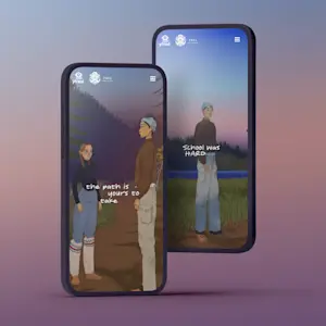 Close-up mobile preview of the Grad Planner app featuring illustrated Yukon youth characters and a story-driven interface.