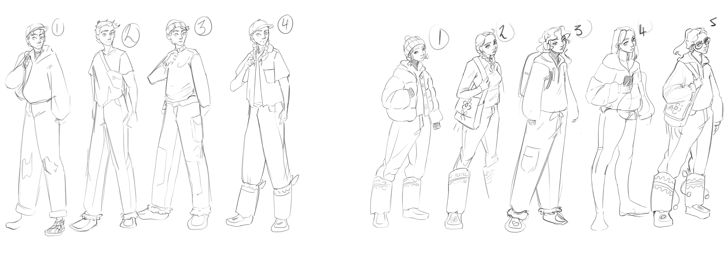 Concept sketches of Yukon youth characters exploring clothing, poses, and expressions during early development of the Grad Planner app.