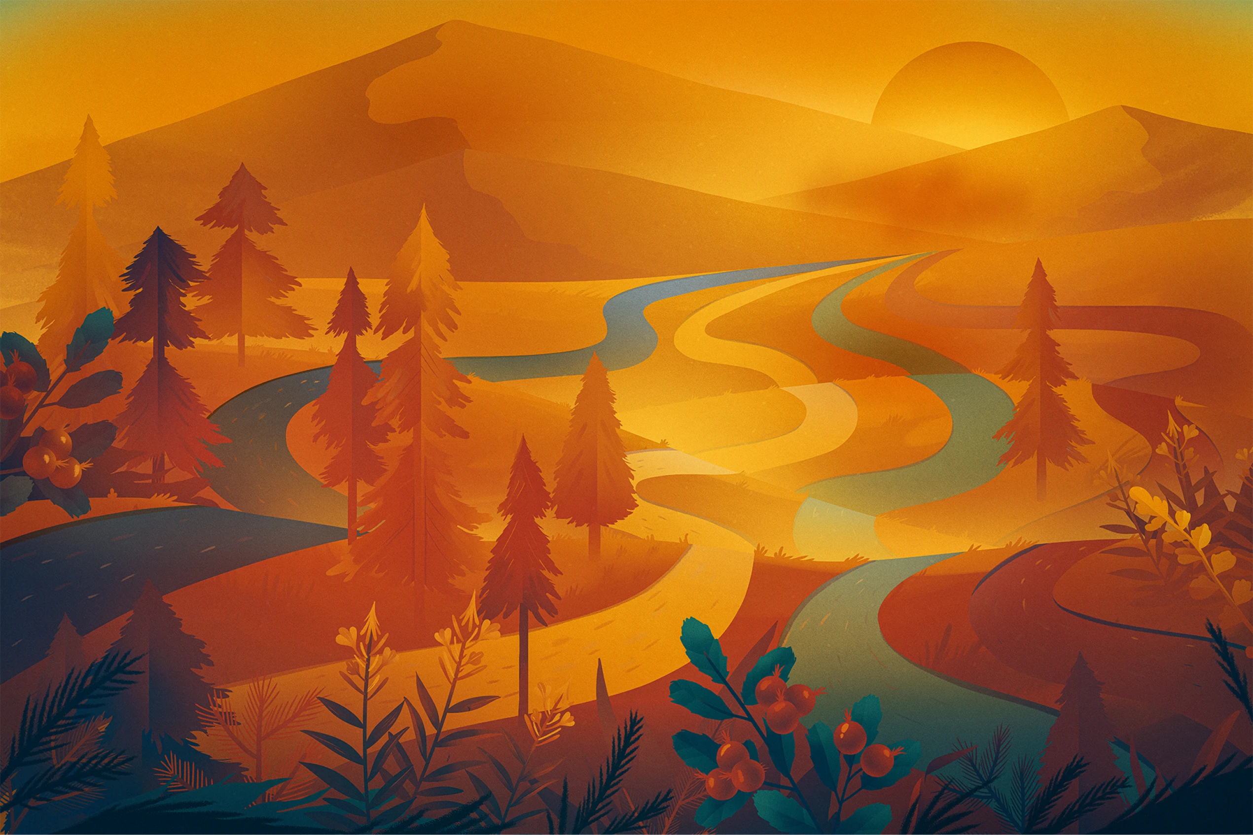 Stylized illustration of a winding river and road flowing through a forested landscape at sunset, with rolling hills, evergreen trees, and warm golden-orange tones inspired by northern landscapes.