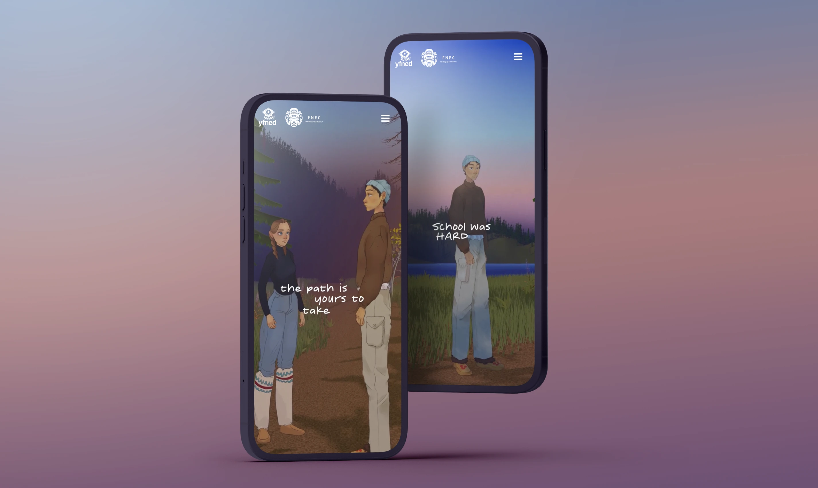 Two mobile screens displaying scenes from the Grad Planner app, showing illustrated Yukon youth characters in a forest setting as part of an interactive storytelling experience.