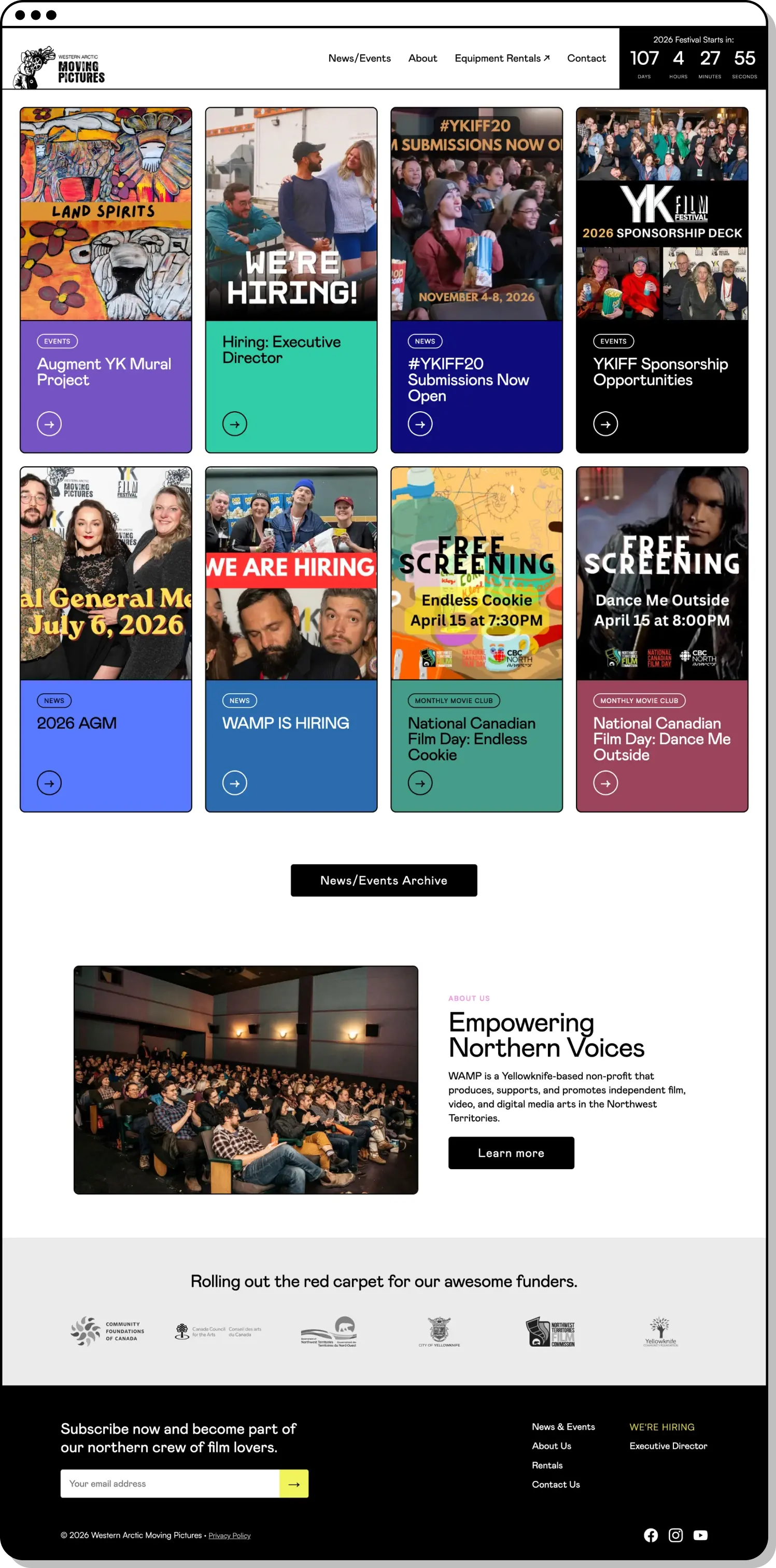 Screenshot of the Western Arctic Moving Pictures homepage contains a navigation bar, a countdown to a film festival, and sections highlighting various programs and events. The footer includes sponsor logos, a newsletter subscription prompt, and social media links.