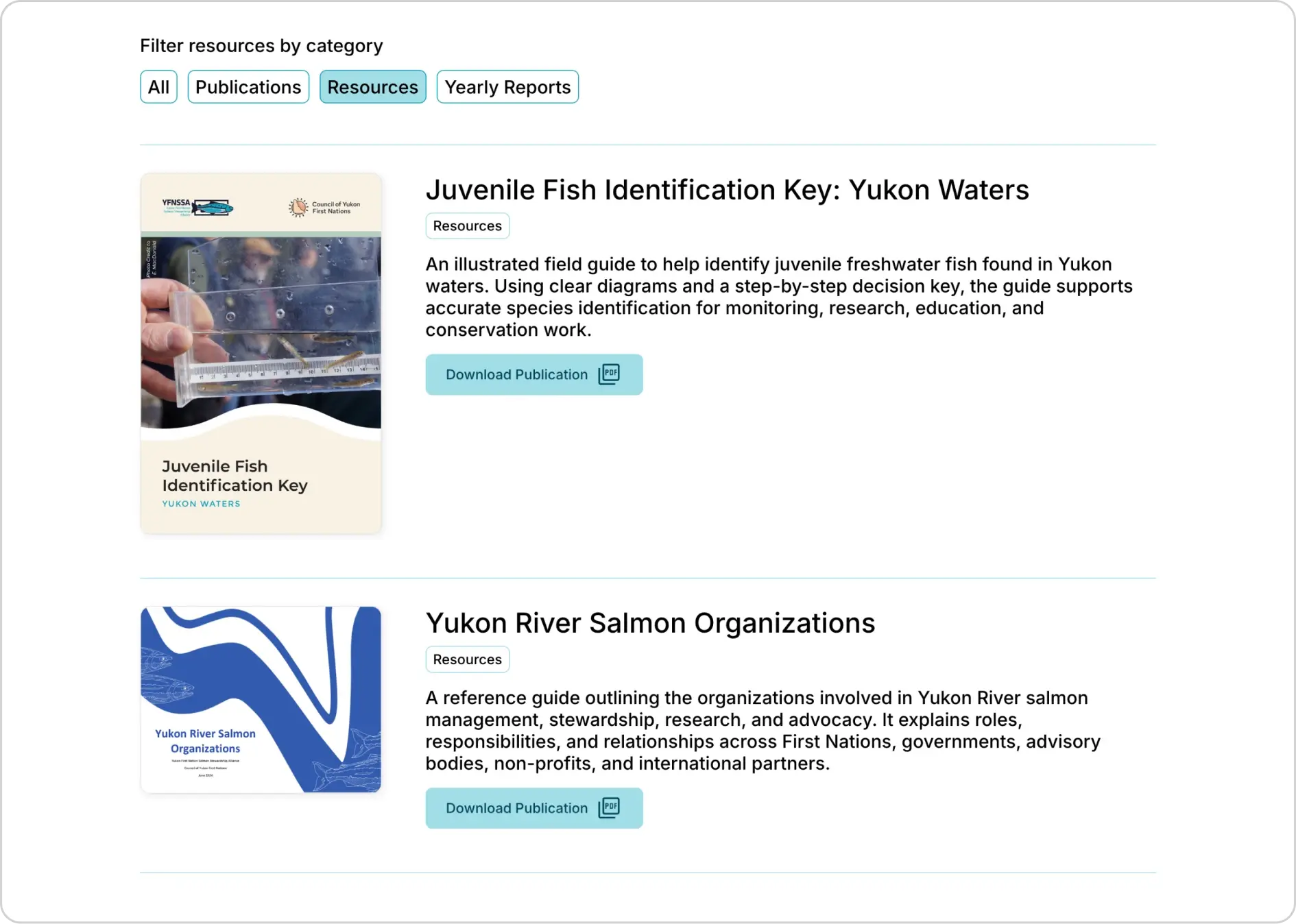 Sample screenshot of Yukon First Nation Salmon Stewardship Alliance publication hub