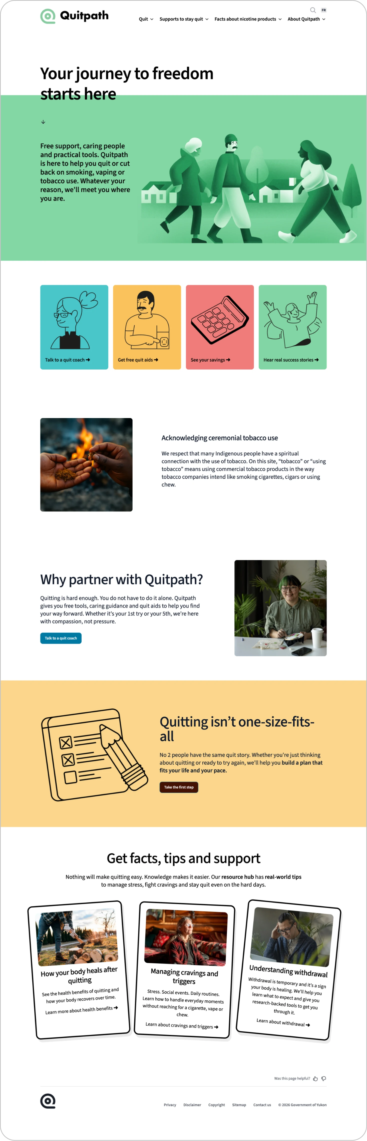 Full homepage layout of the Quitpath website showing navigation, key support options, and educational resources for quitting smoking or vaping.